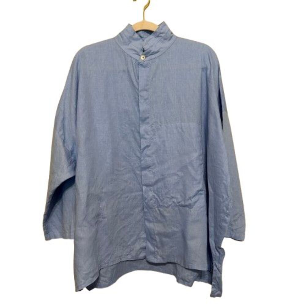 Planet by Lauren G Signature Linen Shirt Tunic O/S Blue Hidden Pocket Lagenlook